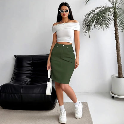 Women Green Denim Midi Skirt High Waisted Pencil Skirt Slim Fit Casual Everyday Denim Skirt with Back Slit Five Pocket Design Solid Color Classic Street Style Versatile Womens Denim Skirts for Women Knee Length Green Denim Skirts Soft Stretch Fabric