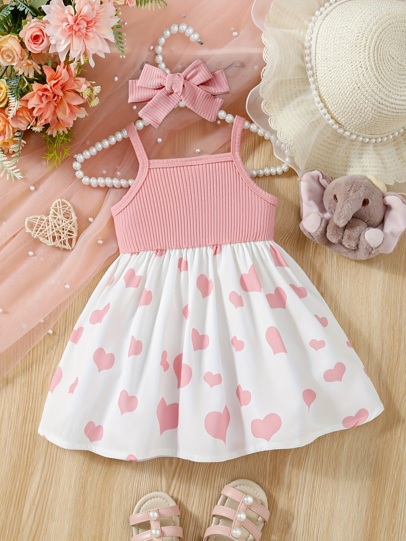 Baby's Cartoon Elephant & Heart Pattern Cami Dress Set, Lovely Bowknot Decor Sleeveless Dress & Headband, Infant & Toddler Girl's Clothing for Summer/Spring, As Gift