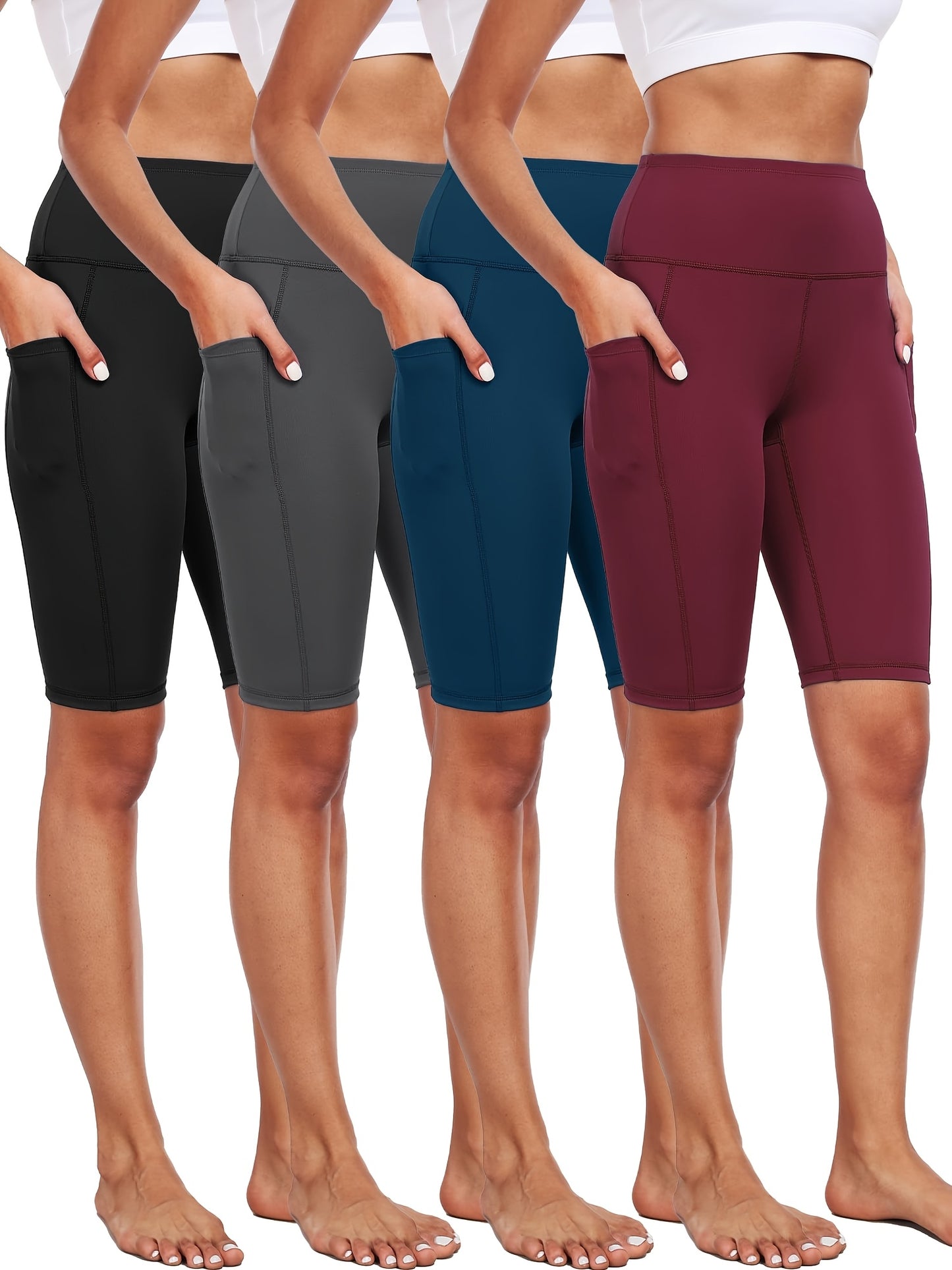 4pcs Women'S High-Waisted Tummy Control Yoga Shorts With Pockets For Running, Cycling, Fitness Breathable Fabric, Navy, Burgundy, Charcoal, Black Activewear, Gym Shorts, Running Gear, Functional Pockets, Thanksgiving Day Christmas Costumes For Women