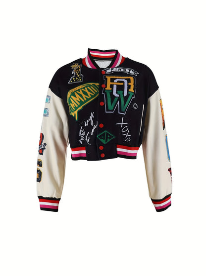 Casual Baseball Bomber Coat for Women Featuring a Color Block Design And Letter Print, Complete with Long Sleeves