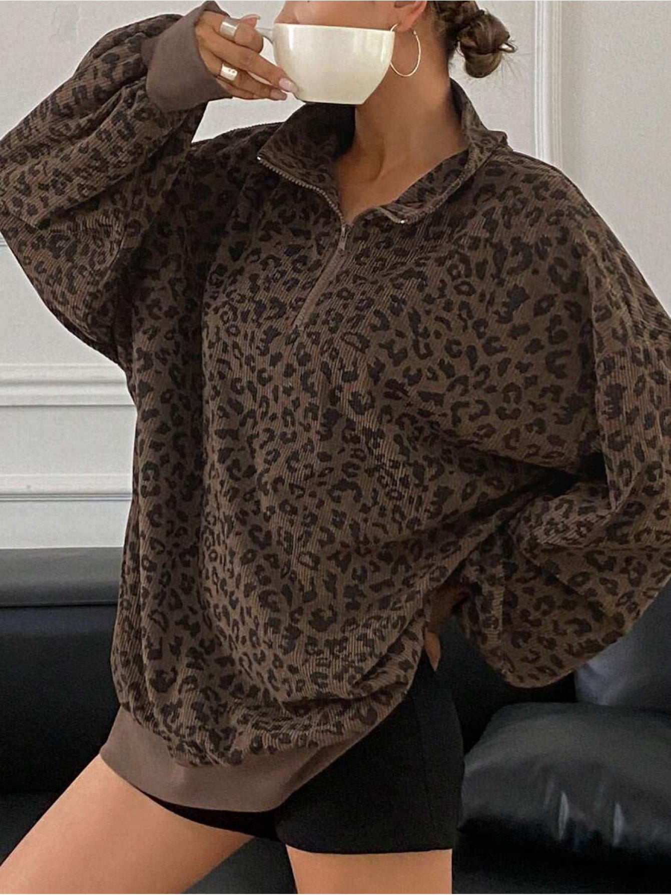 Women's Casual Leopard Print Zip-Up Long Sleeve Sweatshirt - Loose Fit, Half-Zip Design, Brown & Black Retro Style, Cozy Fall/Winter Wear, Leopard Print Sweater