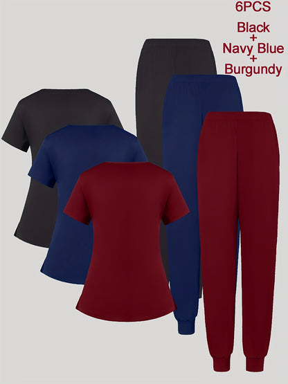 6pcs Set of Women'S V-Neck Matte Breathable Uniform Pocket Hand Washing Work Clothes Brush Hand Clothes Tying Feet Pants Set