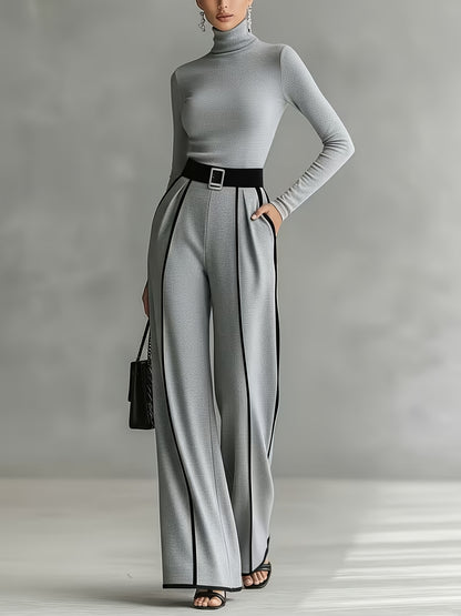 Elegant Stand-collar Top with Contrasting Trim And Waist- Long Sleeves, Paired with Wide-leg Trousers Two-piece Set