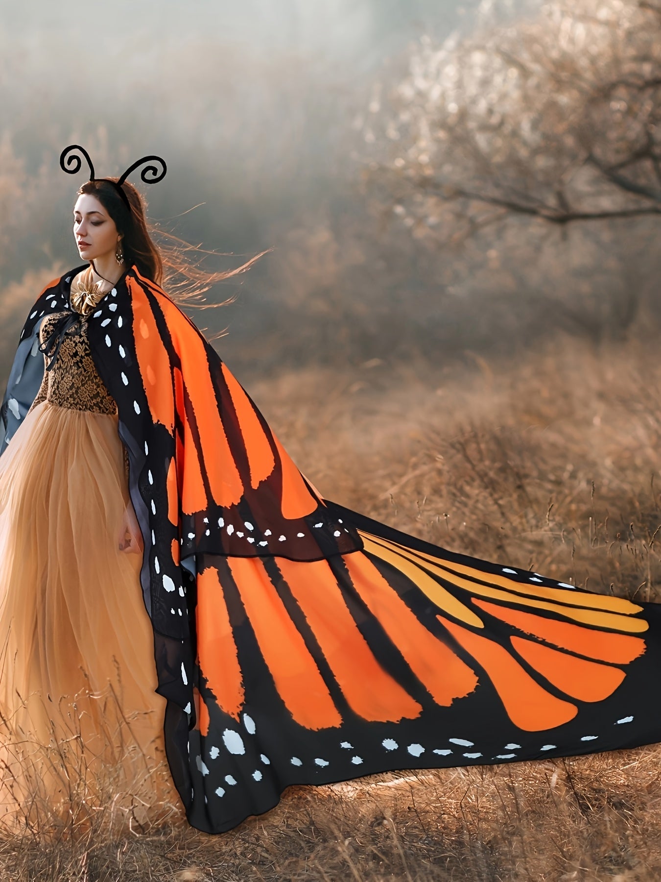 2pcs Women's Retro Yellow Butterfly Wings & Shawl Costume with Headband - Full-Body Winged Outfit (Size L), Hand Washable for halloween, Costume Parties & Themed Events - Non- Winged Attire for all-Season Wear for s