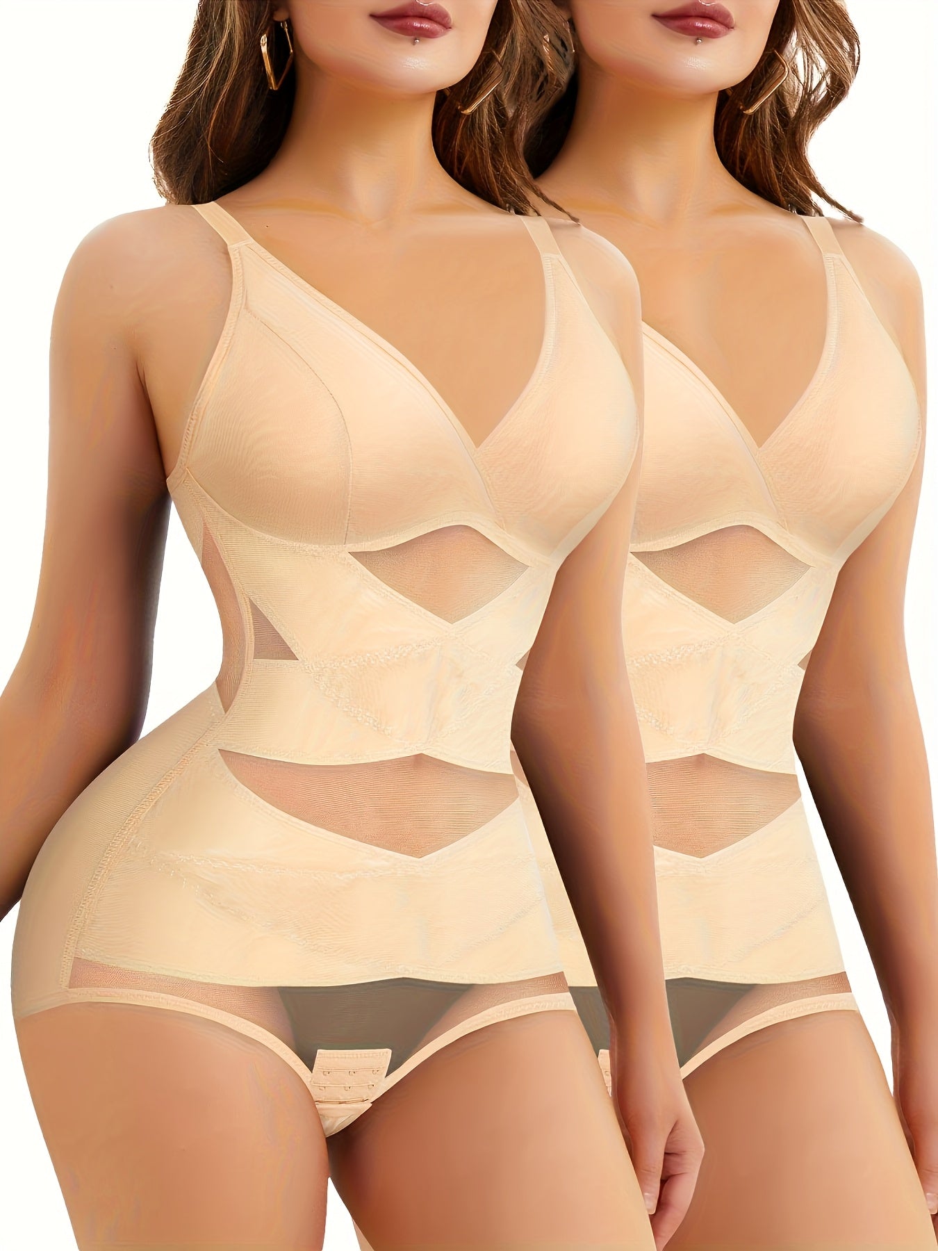 2pcs V Neck Bra Body Shaper Tummy Control Waist Training Full Body Shaping Butt Lifting Panties Jumpsuit Top