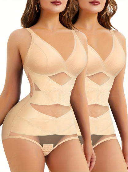 2pcs V Neck Bra Body Shaper Tummy Control Waist Training Full Body Shaping Butt Lifting Panties Jumpsuit Top