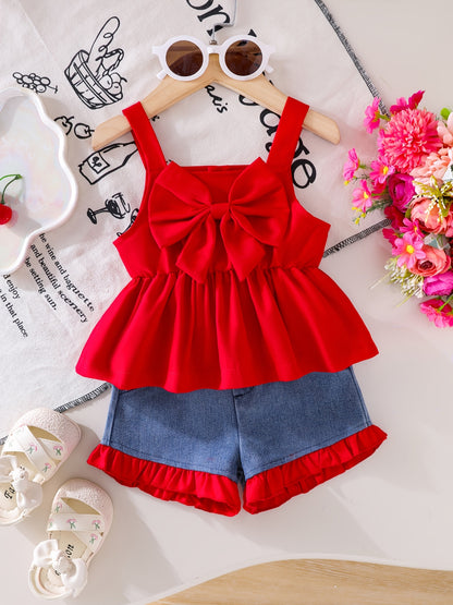 2pcs Baby Girls Set 3D Bow Sleeveless Cami Top Ruffle Trim Denim Shorts Summer Outdoor Play, for Outdoor