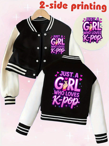 1pc Autumn Winter Tween Girls Clothes Just A Girl Who Loves K Pop Double Sided Print Short Cropped School Style Girl Baseball Jacket for Kids Clothes Girls