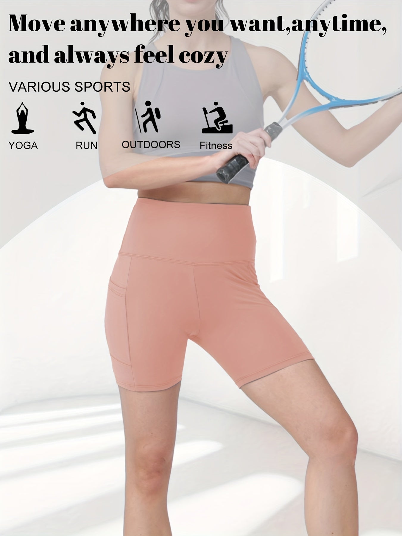 1pc Women's High-Waisted Yoga Shorts with Tummy Control & Pockets - Breathable Workout Gym Shorts, Tight-Fitting Low-Rise Athletic Pants for Summer, Gymnastics, Training (Black/Grey/Navy/Pink/ Brown) - Non-See-Through Quick-Dry