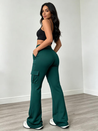 Women'S Functional Flare Cargo Pants, High Waist Elastic Drawstring Bootcut Leggings With Multi-Pockets, Stretchy All-Purpose & Casual Pants