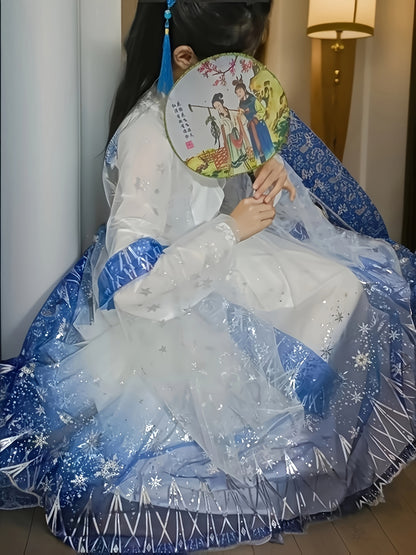 Targeted Women'S Hanfu, Embroidered Strapless Top, White Jacket with Star Pattern, Blue Skirt with Star Design, Elegant and Comfortable Hanfu
