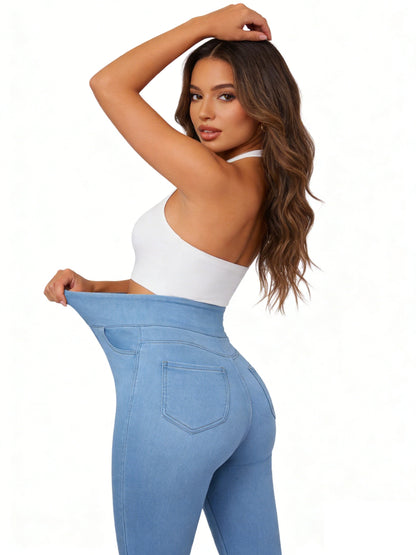 Pull On Skinny Jeans for Women, Stretchy High Waisted Leggings Trendy Tummy Control Demin Jegging with Pockets