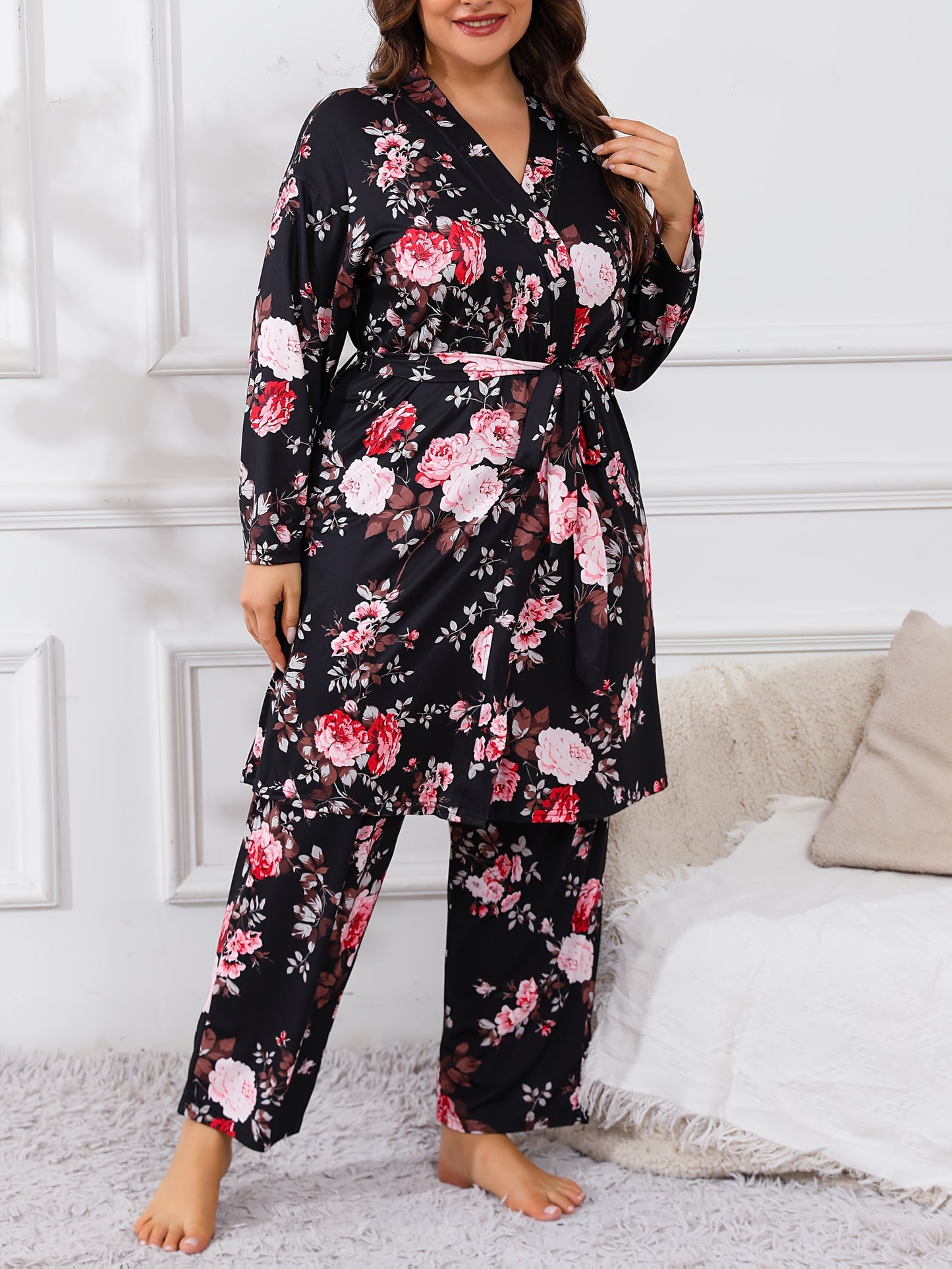 Large Size Women'S Flower Print Cami Top & Long Pants & Long Sleeve Robe 3pcs Elegant Casual Pajama Set