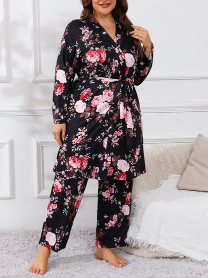 Large Size Women'S Flower Print Cami Top & Long Pants & Long Sleeve Robe 3pcs Elegant Casual Pajama Set