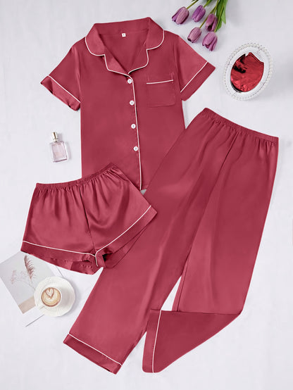 Solid Color Women'S Simple And Comfortable 3pcs Pajama Set, Includes 3pcss: Collared Short-Sleeve Top & Elastic Waist Shorts & Elastic Waist Long Pants Women'S Pajama Set