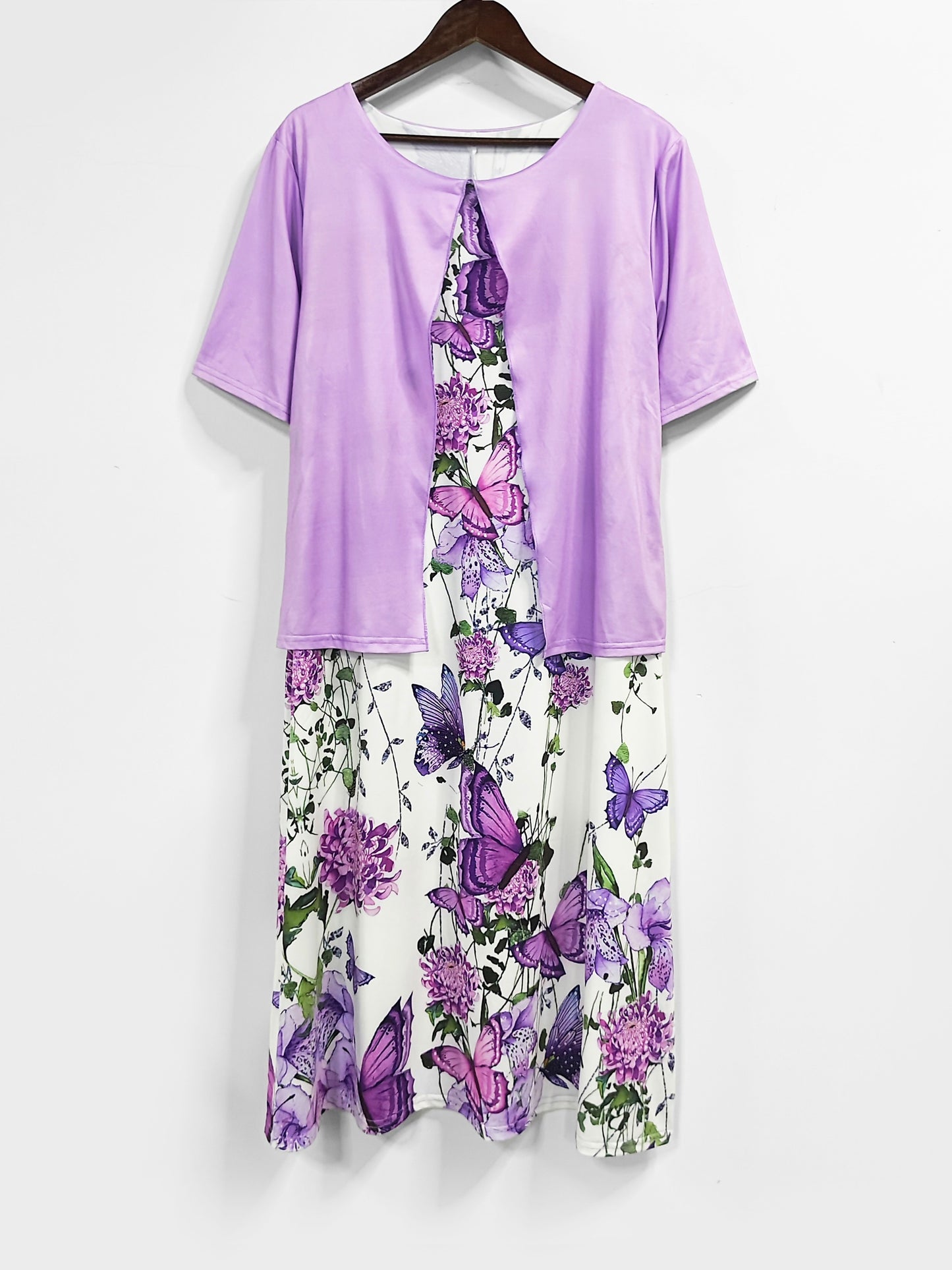 Plus Size - Plus Size - Women'S Round Neck Fake Two-Piece Elegant Dress - Fitted Short-Sleeved Midi Dress, Versatile And Suitable for All Seasons, Suitable for Work, Travel And Daily Wear, Butterfly And Flower Print, Machine Washable Soft Fabric