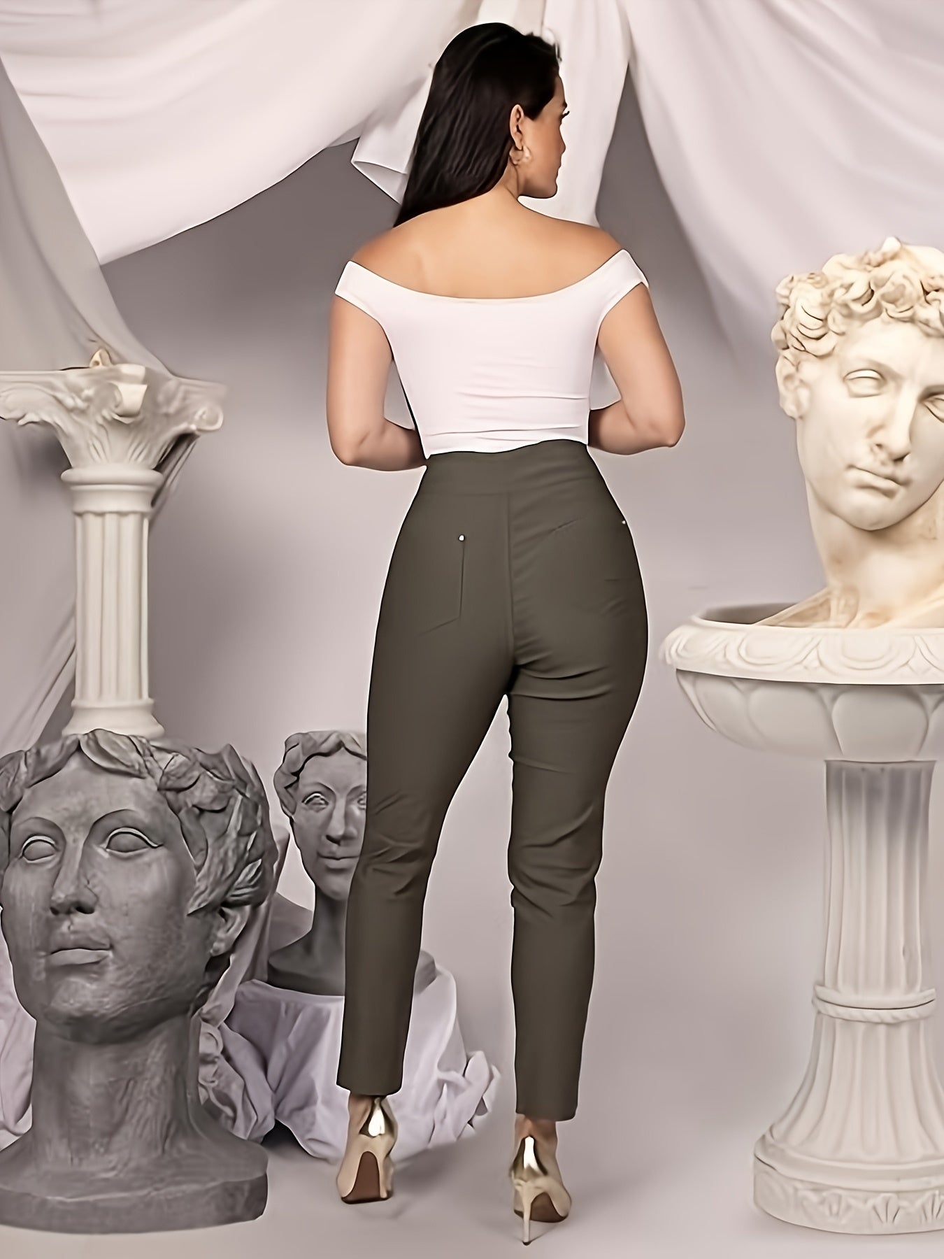Slim Fit High-Waisted Pants for Women Featuring Five Pockets, Designed for Easy Pull-On Wear, Suitable for Work Or Casual Office Settings