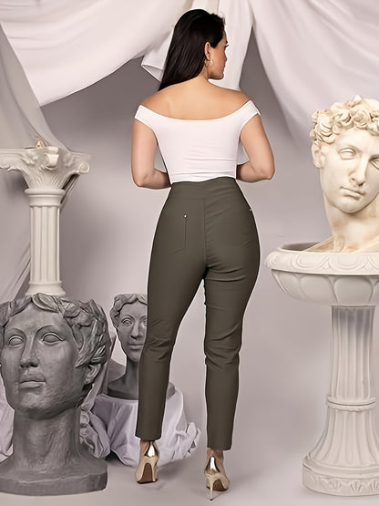 Slim Fit High-Waisted Pants for Women Featuring Five Pockets, Designed for Easy Pull-On Wear, Suitable for Work Or Casual Office Settings