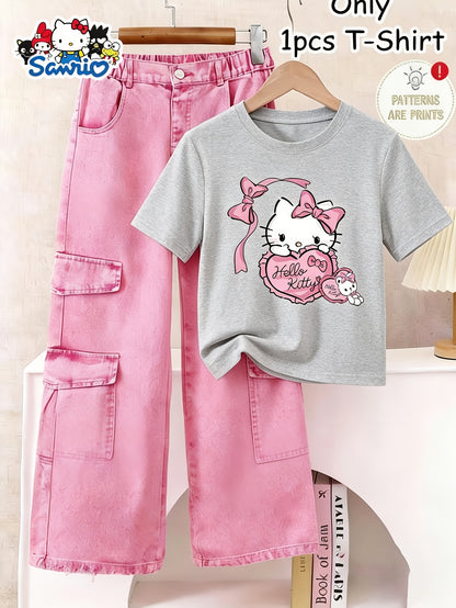 Girls' Fashion Short Sleeve Top, Spring Summer Casual, Printed White T-Shirt with Pink Bow Heart Pattern, Comfortable And Breathable, 1pc, Suitable for Girls 12 And Under, Casual Versatile