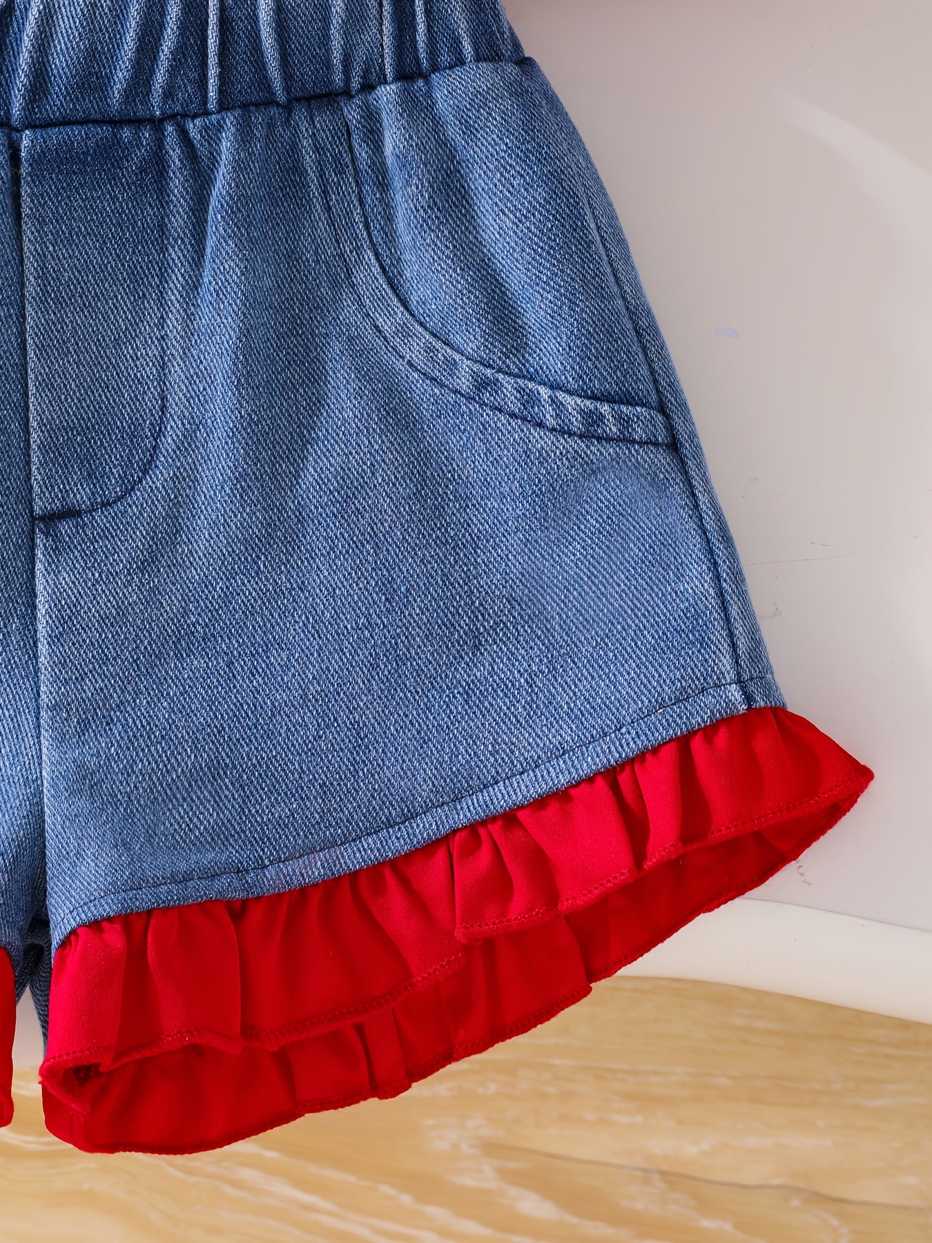 2pcs Baby Girls Set 3D Bow Sleeveless Cami Top Ruffle Trim Denim Shorts Summer Outdoor Play, for Outdoor