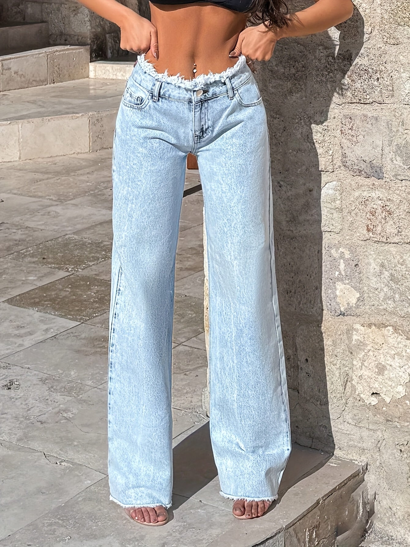 Light Blue Wide Leg Jeans, Waist Edge Pant Leg Personality Design, Loose Version Of The Long Leg, Casual Fashion Simple Style Denim Wide Leg Pants