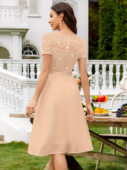 24224 Elegant Womens Sequin Lace Chiffon A Line Bridesmaid Dress, V Neck Short Sleeves, Ruched Ruffle Hem, Perfect for Graduation Season, Wedding Season, Summer Wedding Guest, Evening Party, Cruise Party And Birthday Celebration