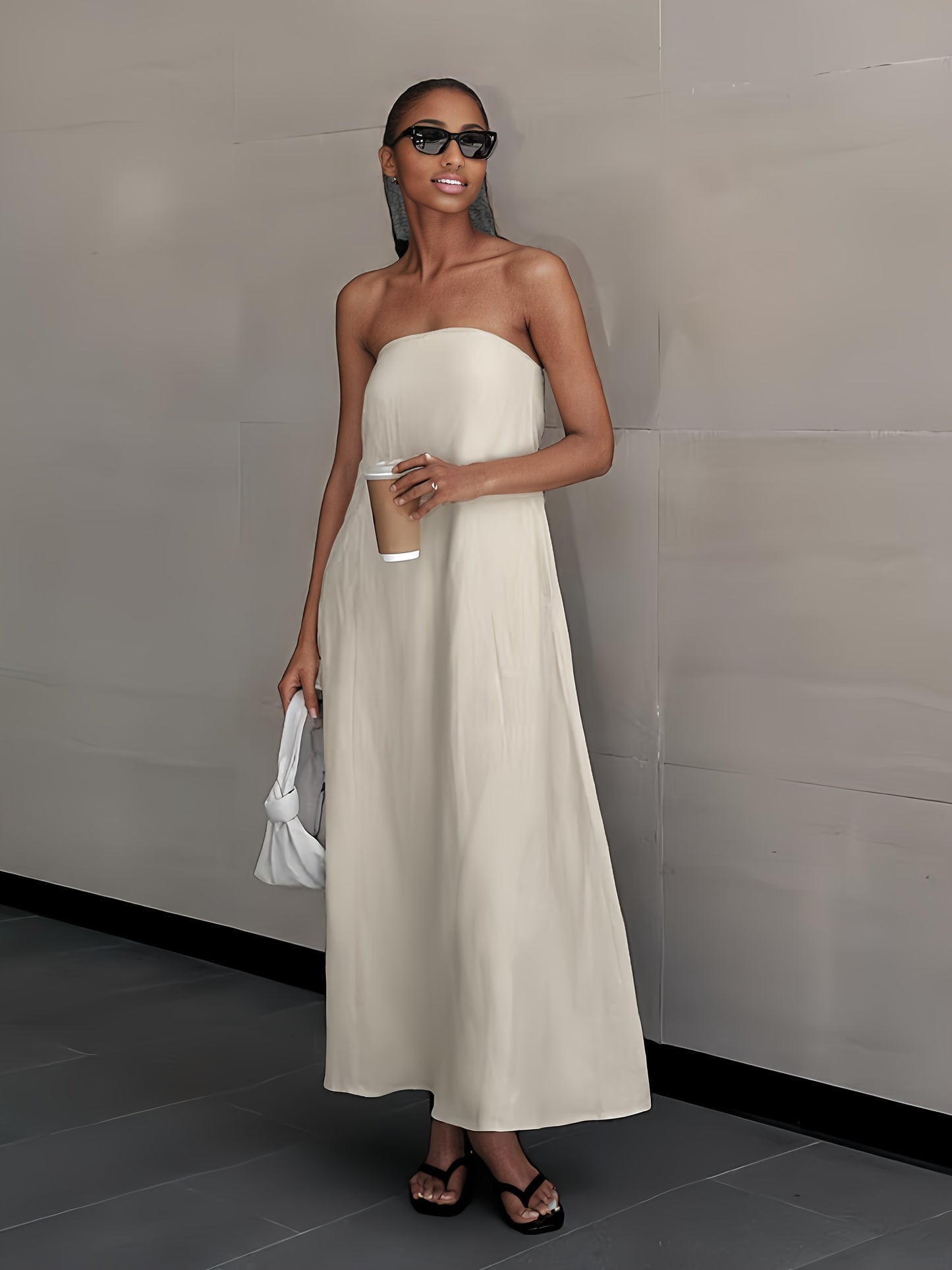 [Linen Beach Dress] Womens Linen Beach Dress Backless Sleeveless Wrap High Waist A Line Casual Summer Vacation Flowy Sundress Three Colors Light Grey Linen Beige Ivory White