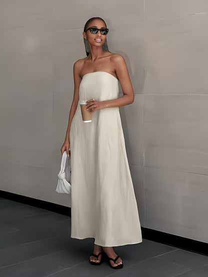 [Linen Beach Dress] Womens Linen Beach Dress Backless Sleeveless Wrap High Waist A Line Casual Summer Vacation Flowy Sundress Three Colors Light Grey Linen Beige Ivory White