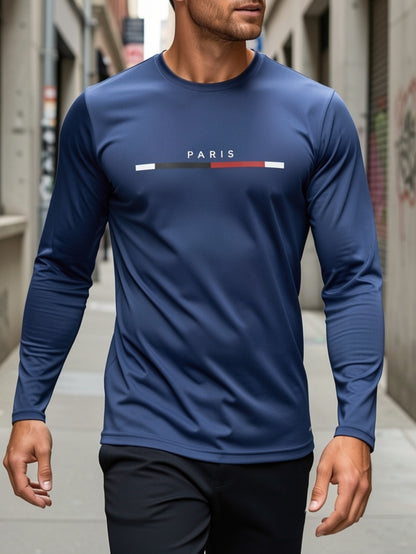 5-Pack Men'S Long Sleeve T-Shirts | Breathable Polyester, Paris Print Design, Regular Fit for All Seasons, Crew Neck, Lightweight, Moisture Wicking