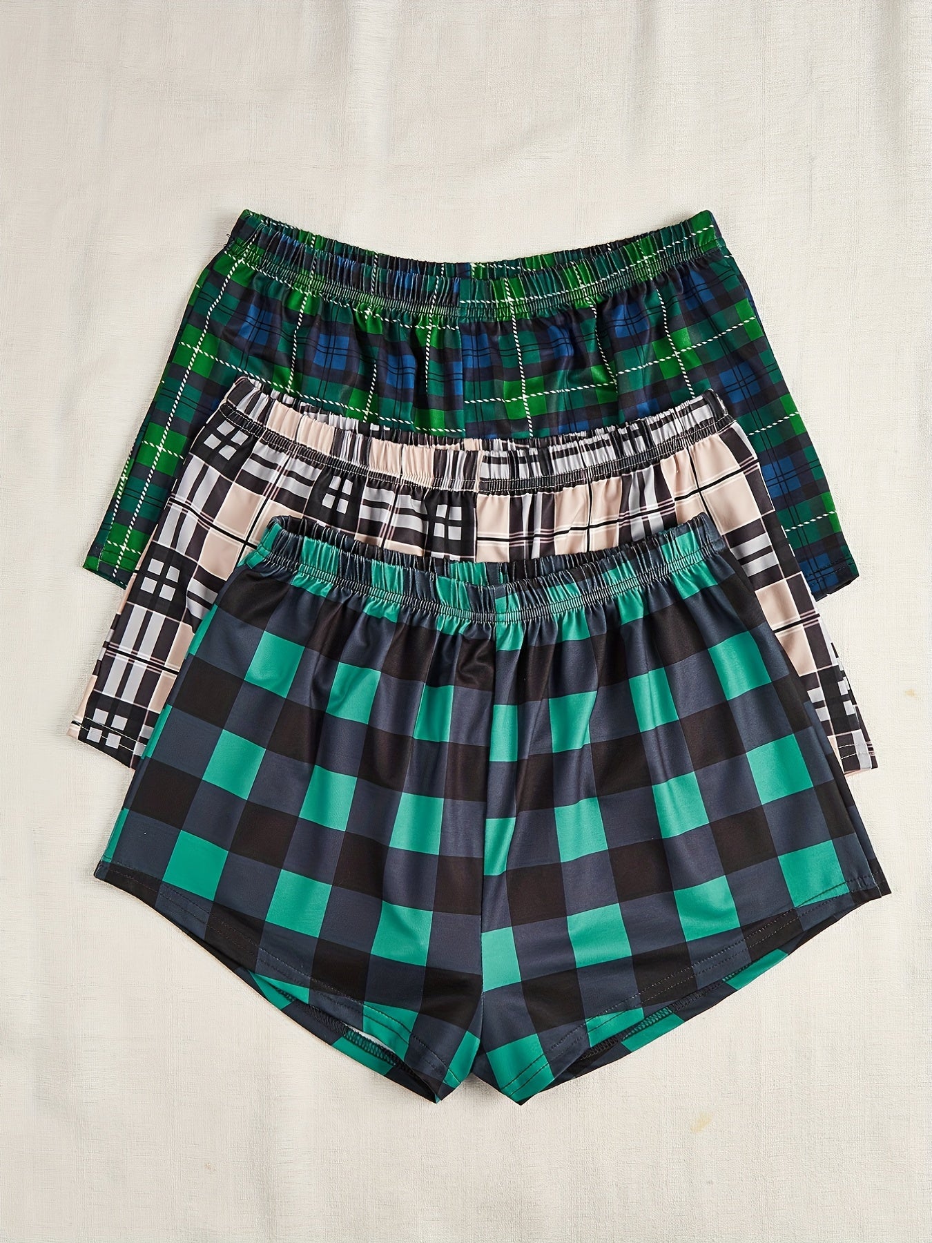 3pcs Plus Size Casual Clothing Shorts Set, Women's Plus Plaid Print Elastic Waist Stretchy Lounge Shorts 3pcs Set
