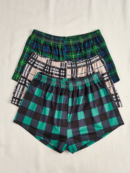 3pcs Plus Size Casual Clothing Shorts Set, Women's Plus Plaid Print Elastic Waist Stretchy Lounge Shorts 3pcs Set