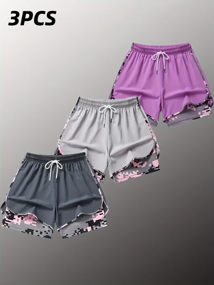 Plus Size - 3pcs - Plus Size Women'S Shorts, Double-layer Fake Two Piece Camouflage Pattern, Breathable Quick Drying Pants, Women'S Shorts With Adjustable Drawstring Waist - Lightweight Fitness, Side Design, Non See Through Casual Wear