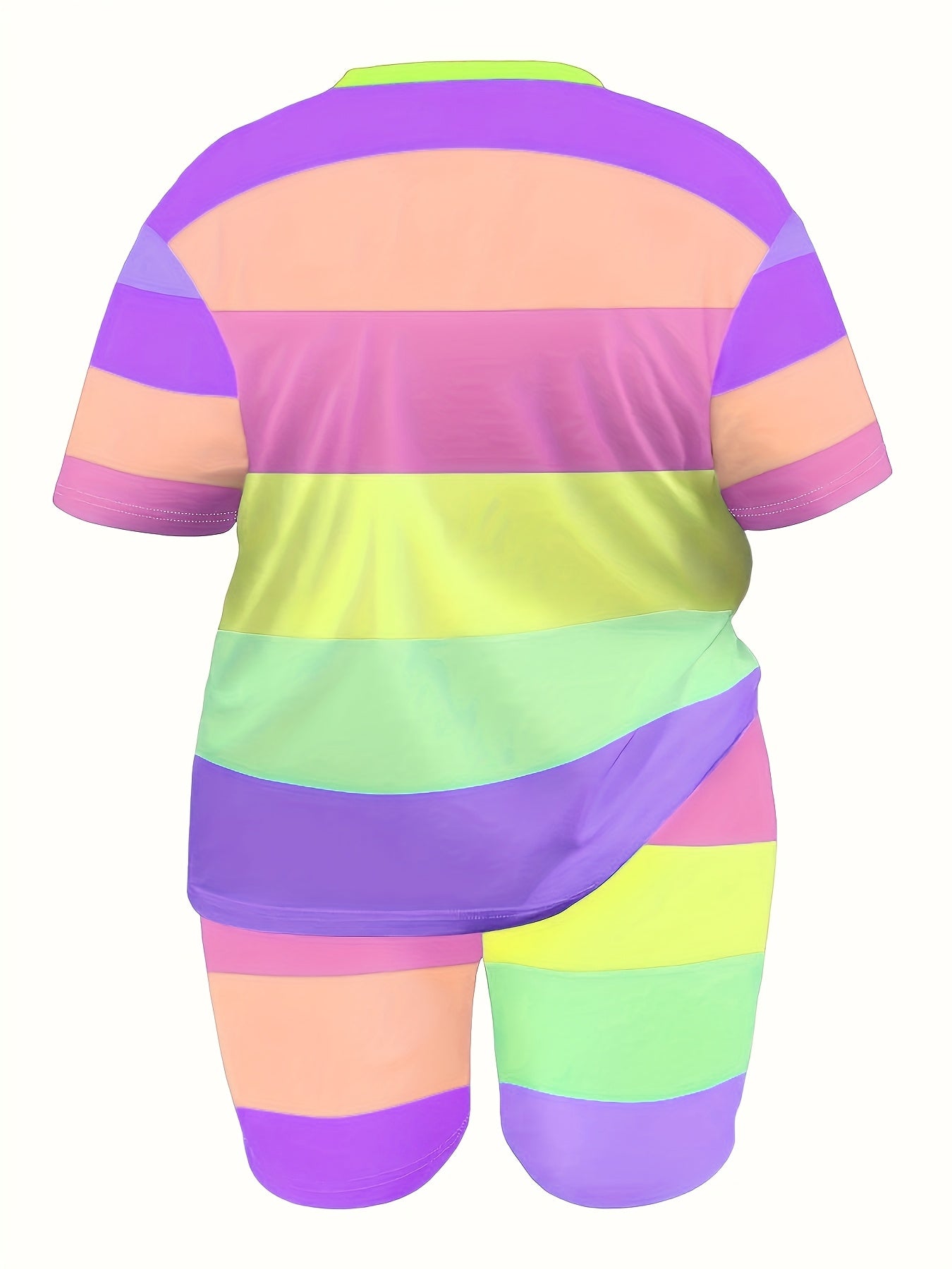 Plus Size, European And American Fashion Color-blocked Stripe Print Casual Shorts Set Plus Size Suit