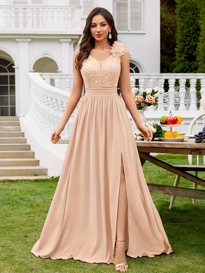 24451A Elegant Womens Mesh Deep V Neck Sequin Lace Maxi Dress, Sleeveless Applique Shoulder, Back V Neck, Ruched A Line Waist, High Thigh Slit Hem, Perfect For Formal Wedding Guest, Prom, Bridesmaid Party, Graduation Season, Wedding Season