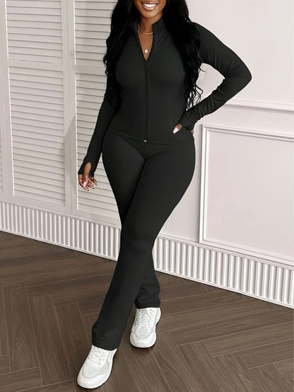 Women'S 2pcs Sets Long Sleeve Zip Up Crop Tops And Flare Pants Casual Oufit Jogger Loungewear Set