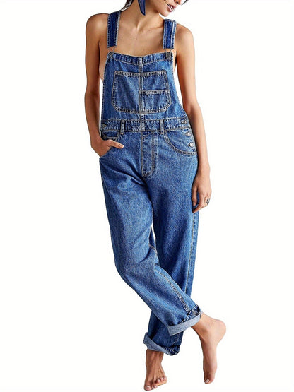 [Denim Bib Overalls] 1pc Women's Denim Bib Overalls Jumpsuit - Loose Fit, Straight Wide Leg Baggy Jean Style with Pockets, Machine Washable Casual Spring Summer Fall Outfit, Sizes S-XXL