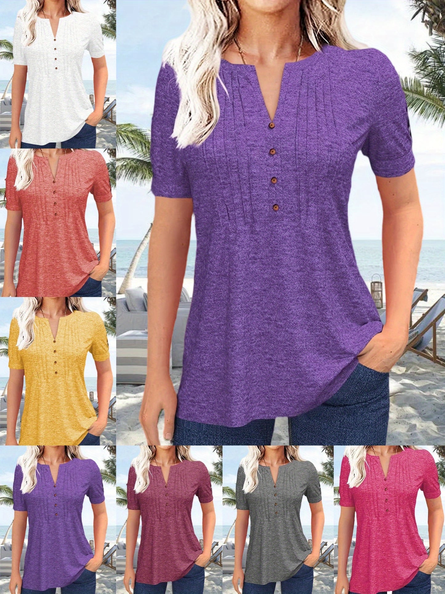Women's Hot-selling Summer Casual V-Neck Pleated Blouse Short Sleeve Button-Up Solid Color Top