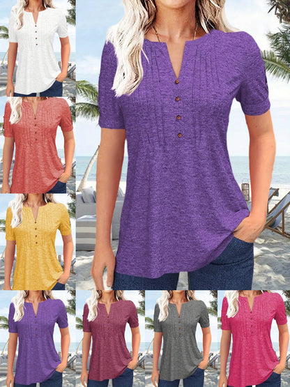 Women's Hot-selling Summer Casual V-Neck Pleated Blouse Short Sleeve Button-Up Solid Color Top
