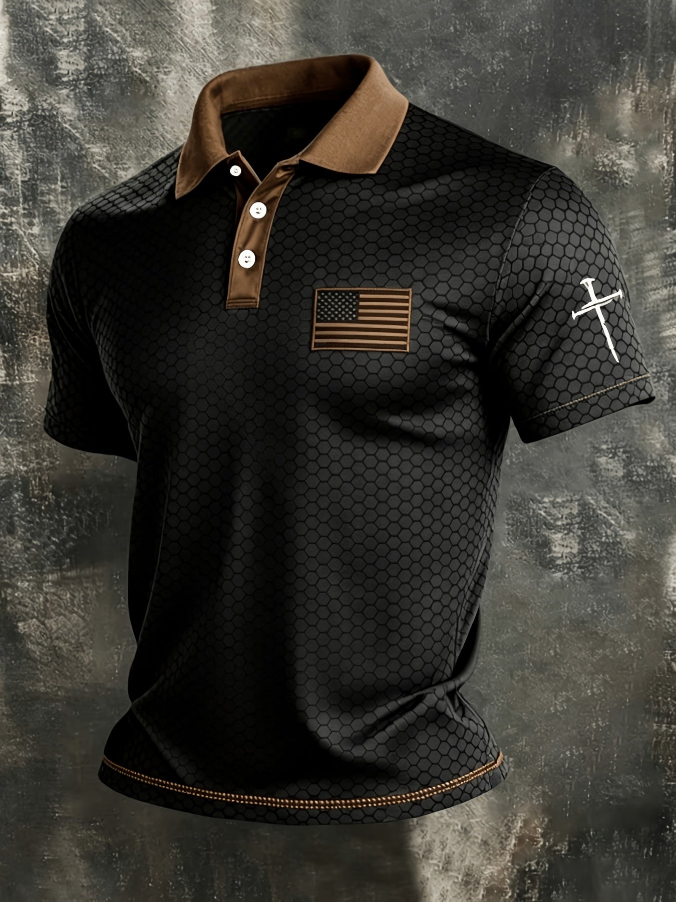 American Flag Gradient Cross Print Polo Shirt for Men's Casual Lapel Short Sleeved Patriotic Themed Commuting Top, American Flag Armband Contrasting Striped Short Sleeved Casual Business Lapel Top