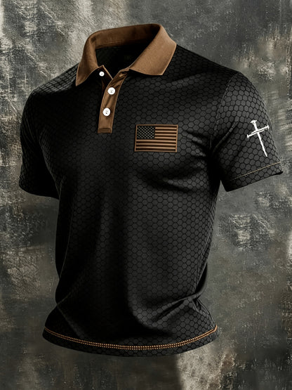 American Flag Gradient Cross Print Polo Shirt for Men's Casual Lapel Short Sleeved Patriotic Themed Commuting Top, American Flag Armband Contrasting Striped Short Sleeved Casual Business Lapel Top