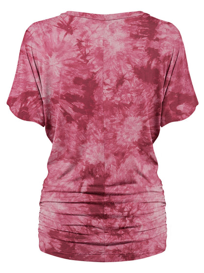 Women's Short Sleeve V Neck Tie-Dye Dolman Top w/Side Shirring