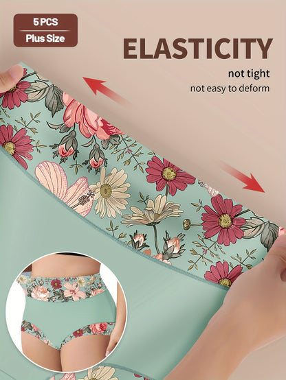 5pcs Plus Size Elegant Panties Women's Floral Print High Waisted Soft Briefs