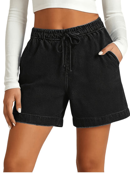 Loose And Stylish Casual Shorts, Solid Color with Elastic Waist, Five-pocket Jeans Shorts