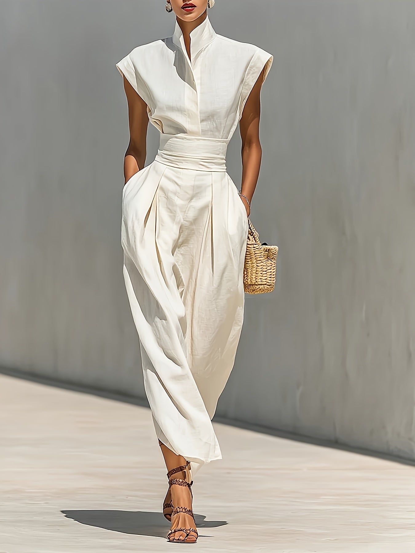 [High-Neck Long Dress] A White Blended Fabric High-Neck Long Dress With An Open Sleeve And A Pleated Waistband Pocket Design, Suitable For Both Professional And Casual Wear