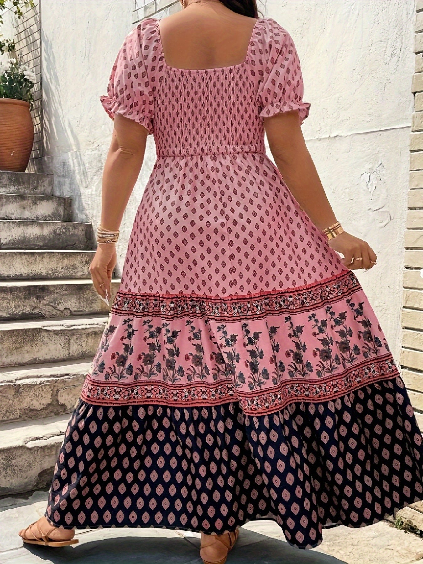 Plus Size - 1pc Spring Summer Mother'S Day Plus Size Women Elegant Bohemian Maxi Dress - Square Neck Puff Sleeve Smocked Bodice Floral Geometric Print Tiered Long Skirt Sophisticated Graceful Style For Vacation Beach Party Wear