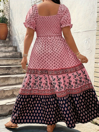 Plus Size - 1pc Spring Summer Mother'S Day Plus Size Women Elegant Bohemian Maxi Dress - Square Neck Puff Sleeve Smocked Bodice Floral Geometric Print Tiered Long Skirt Sophisticated Graceful Style For Vacation Beach Party Wear