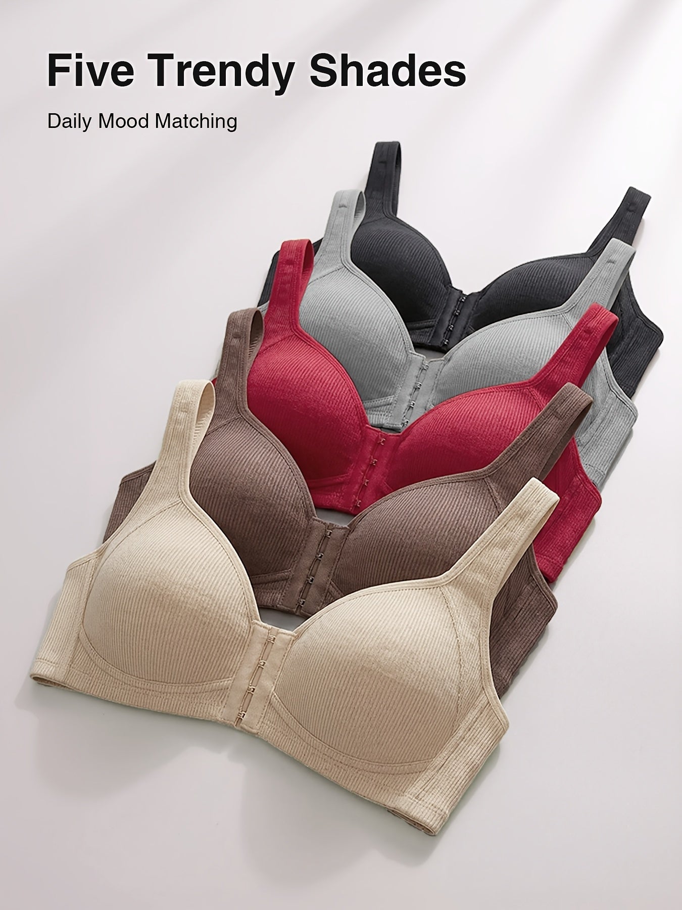 Women'S Front-Closure Vertical Stripe Wireless Push-Up Bra 5pcs Set Seamless Underwear, Adjustable Straps, Full Support Sports Bra White Fitness Apparel, Front-Closure Style Quick-Dry High-Stretch Breathable Fabric High-Support Women'S Bra Bundle