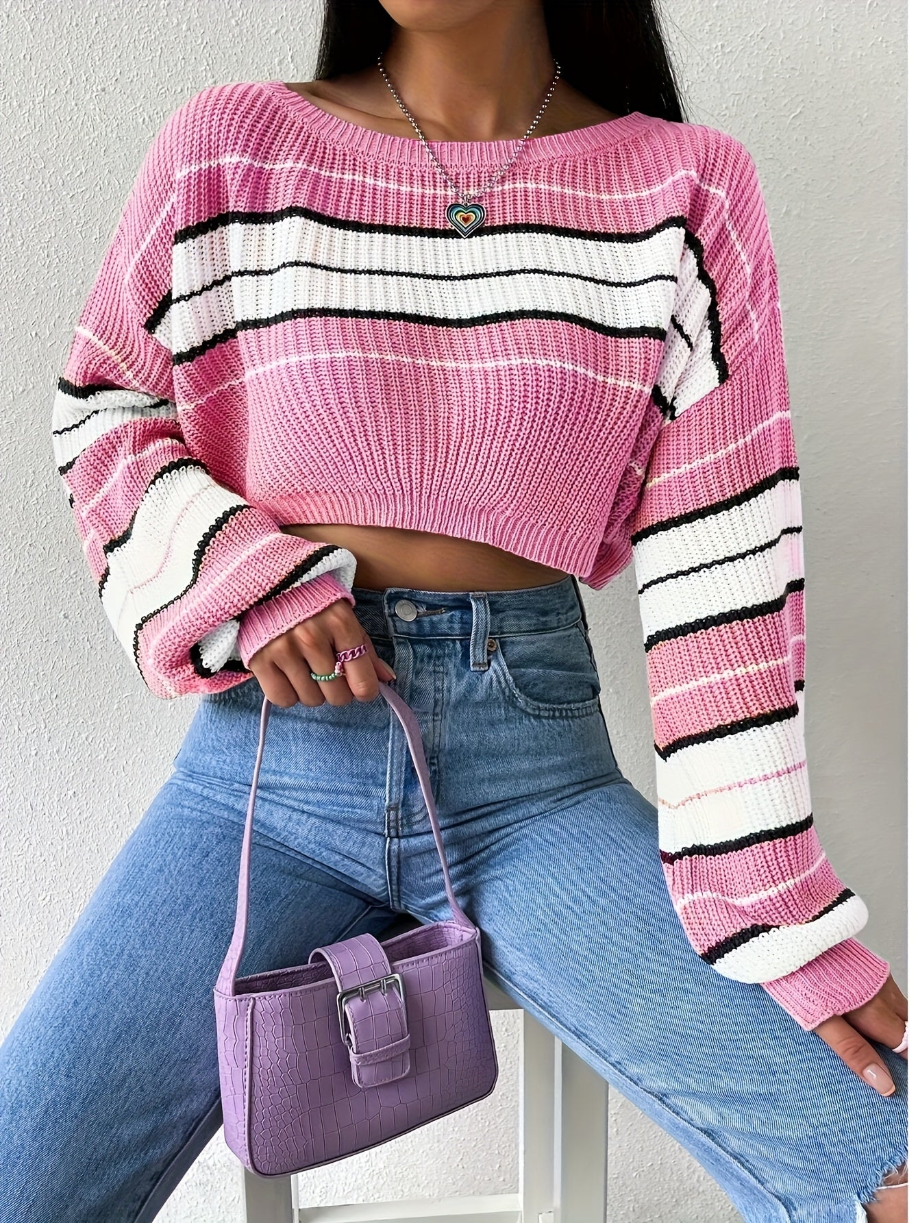 Women'S Long-Sleeved Striped Sweater, Perfect for Spring And Fall, Featuring a Sweet And Spicy Design, Ideal for a Casual Look