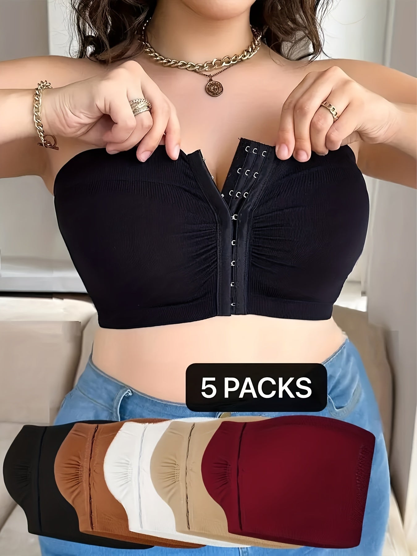 5pcs Plus Size Front Closure Bra Set, Elegant Nylon Fabric Plus Size Women's Bandeau, Wireless Design Front Closure Plus Size Women's Strapless, Medium Stretch, Solid Color, No Padding