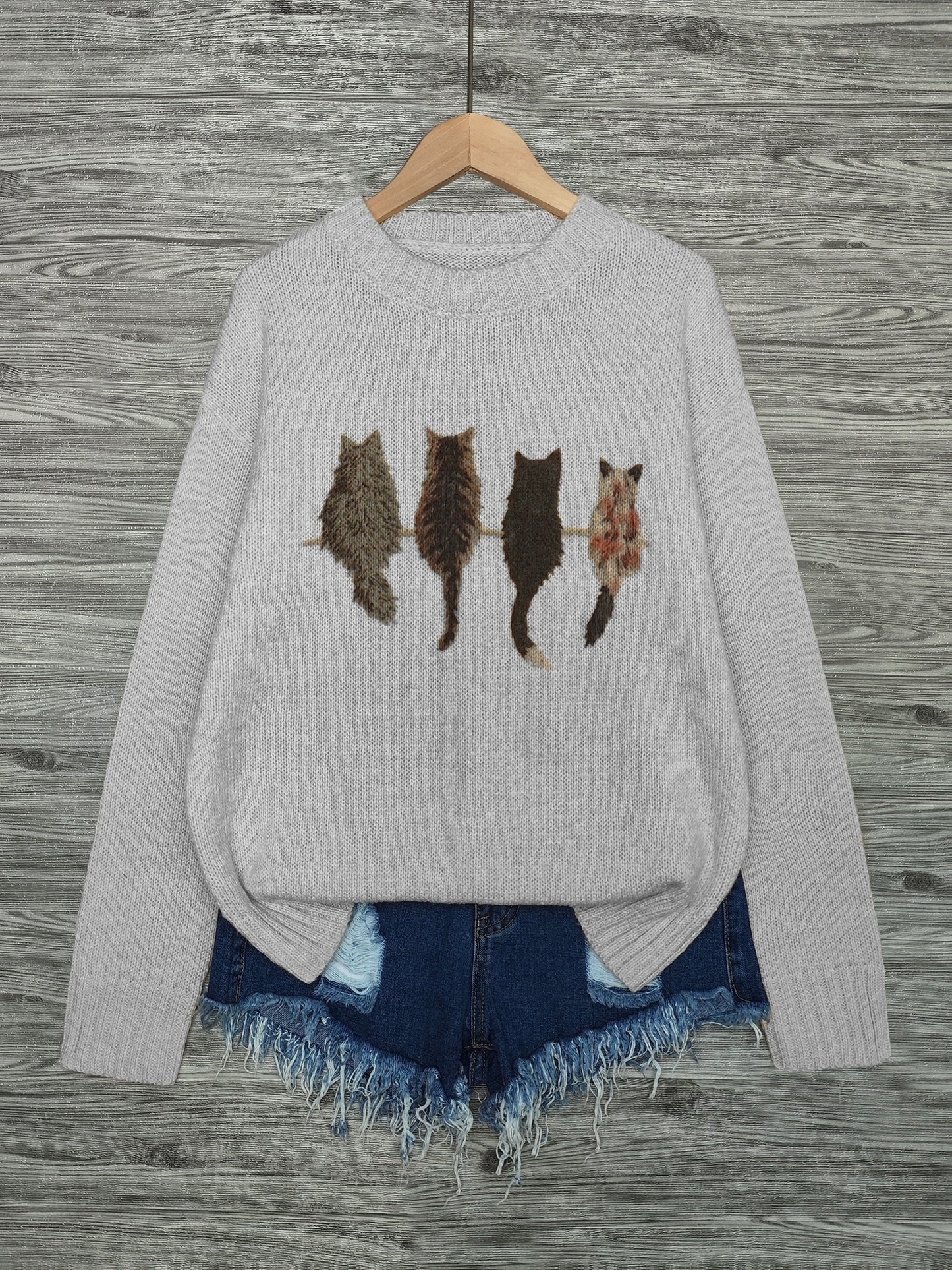 [Cozy Cat Sweater] Cozy Cable Sweater with Playful Cat Print | Women'S Beige & Brown, Loose Fit, Long Sleeve, Round Neck, Casual Spring And Autumn Top Ropa De Mujer Promotion Local Warehouse Discount